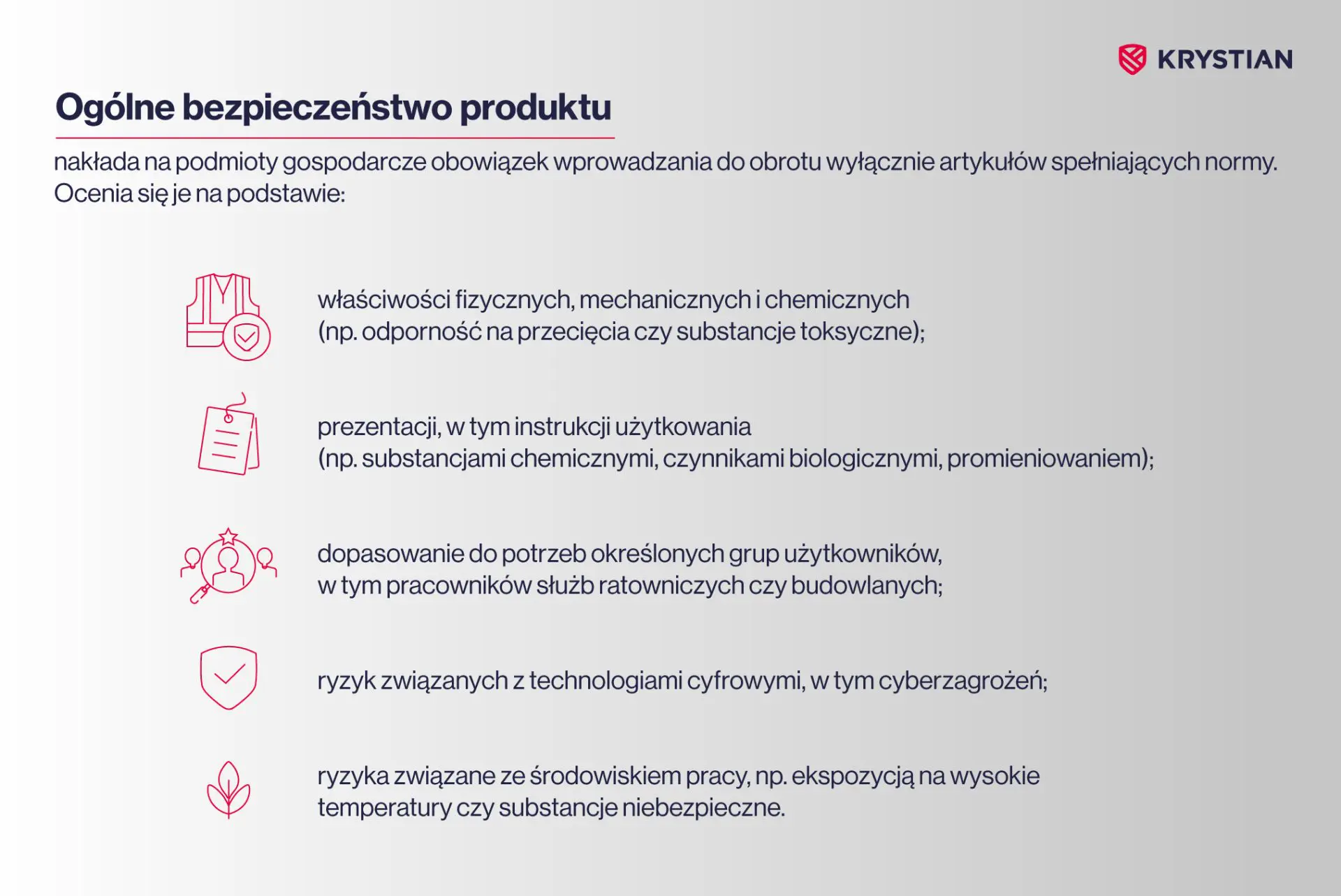Ogólne bezpieczeństwo produktu oceniane jest na podstawie: cech fizycznych, mechanicznych i chemicznych; sposobu prezentacji i instrukcji użytkowania; dopasowania do użytkowników, np. ratowników; zagrożeń cyfrowych i środowiskowych, jak promieniowanie, wysokie temperatury czy substancje toksyczne